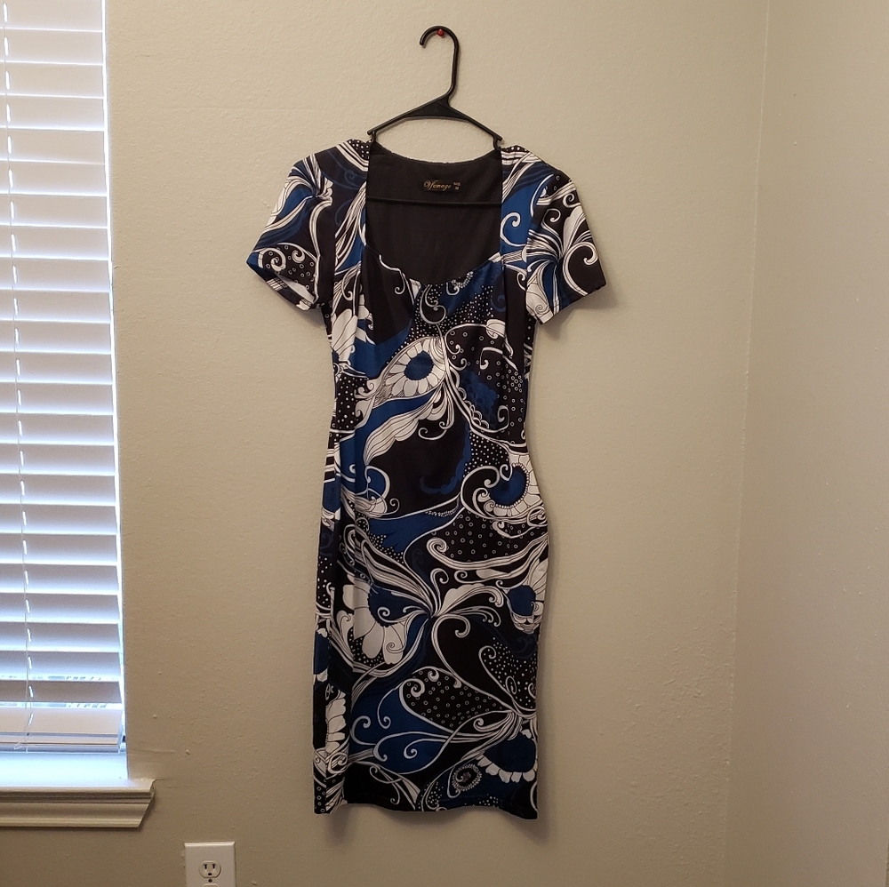 VfEmage Women's Black and Blue Patterned Mini Dress